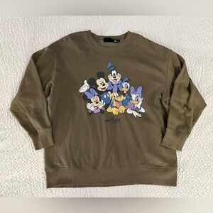 Disney Womance Olive Green Crewneck Sweater Characters Mickey Mouse S M L XL